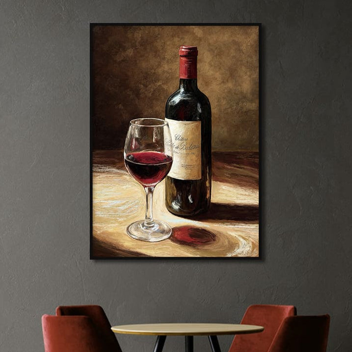 Framed painting of a bottle and glass of red wine above a dining table with chairs.