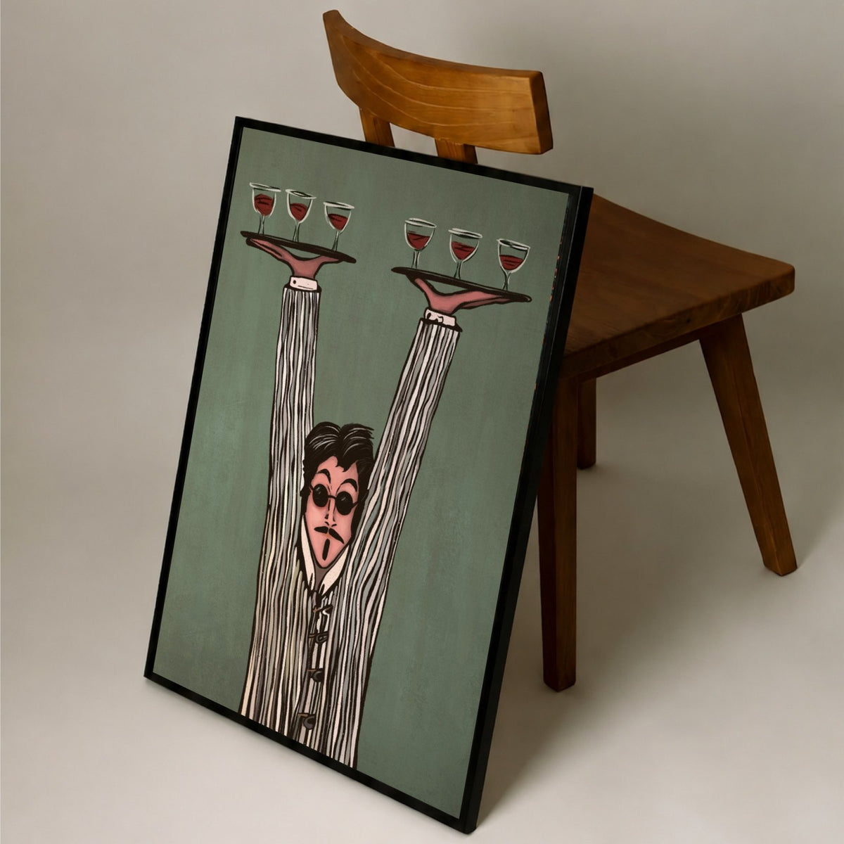 High Spirits leaning on a chair