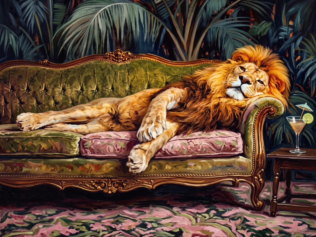 King at Rest – original reclining lion on a vintage sofa artwork