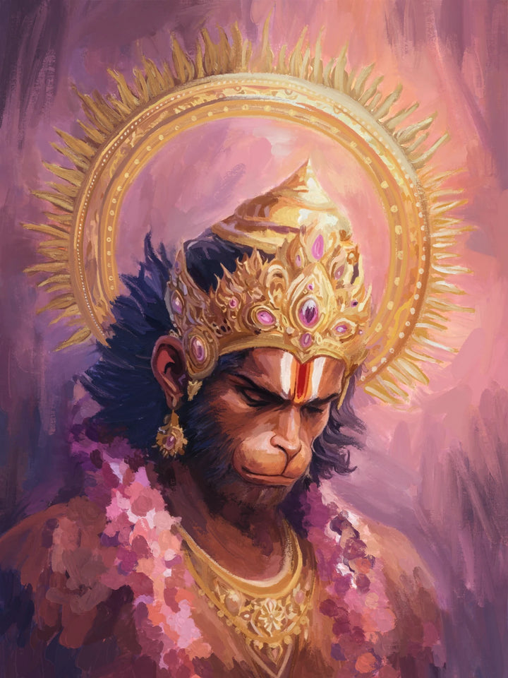 Lord Hanuman original artwork with a golden crown and halo against a pink and purple background