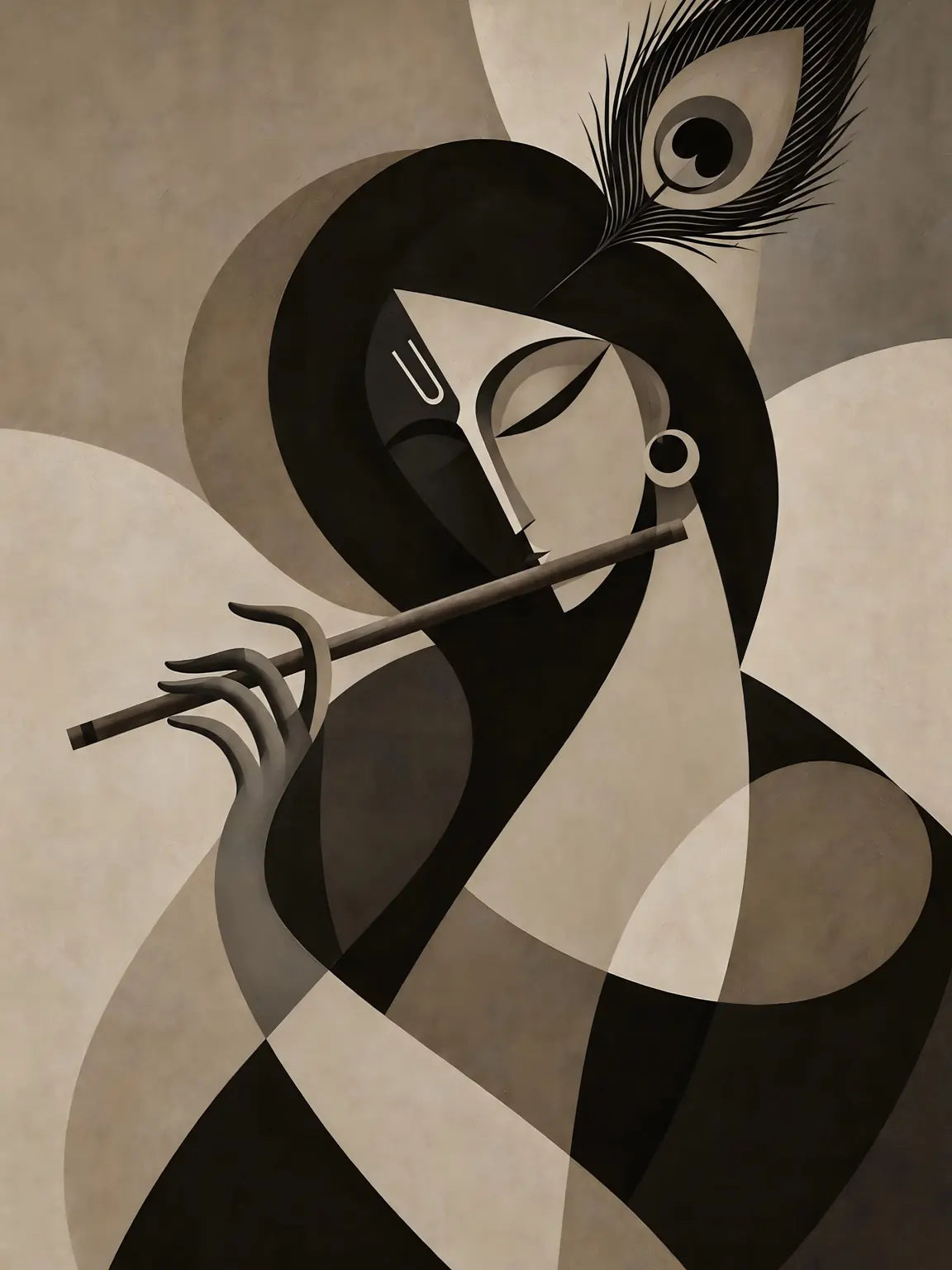 Lord Krishna - Earth Tones – original Krishna flute artwork in beige brown and black
