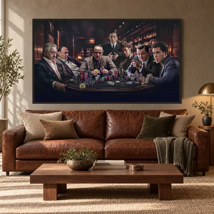 Mafia Poker Night – framed cinematic canvas above a leather sofa