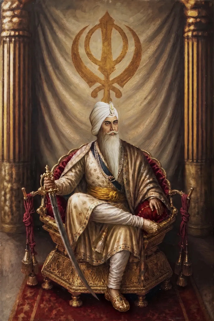 Maharaja Ranjit Singh seated with a sword beneath the Khanda – original portrait artwork