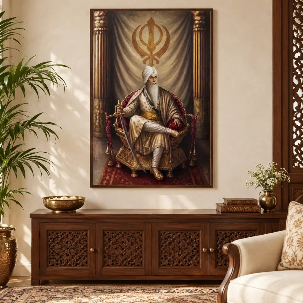 Maharaja Ranjit Singh canvas wall art in a classic Indian living room