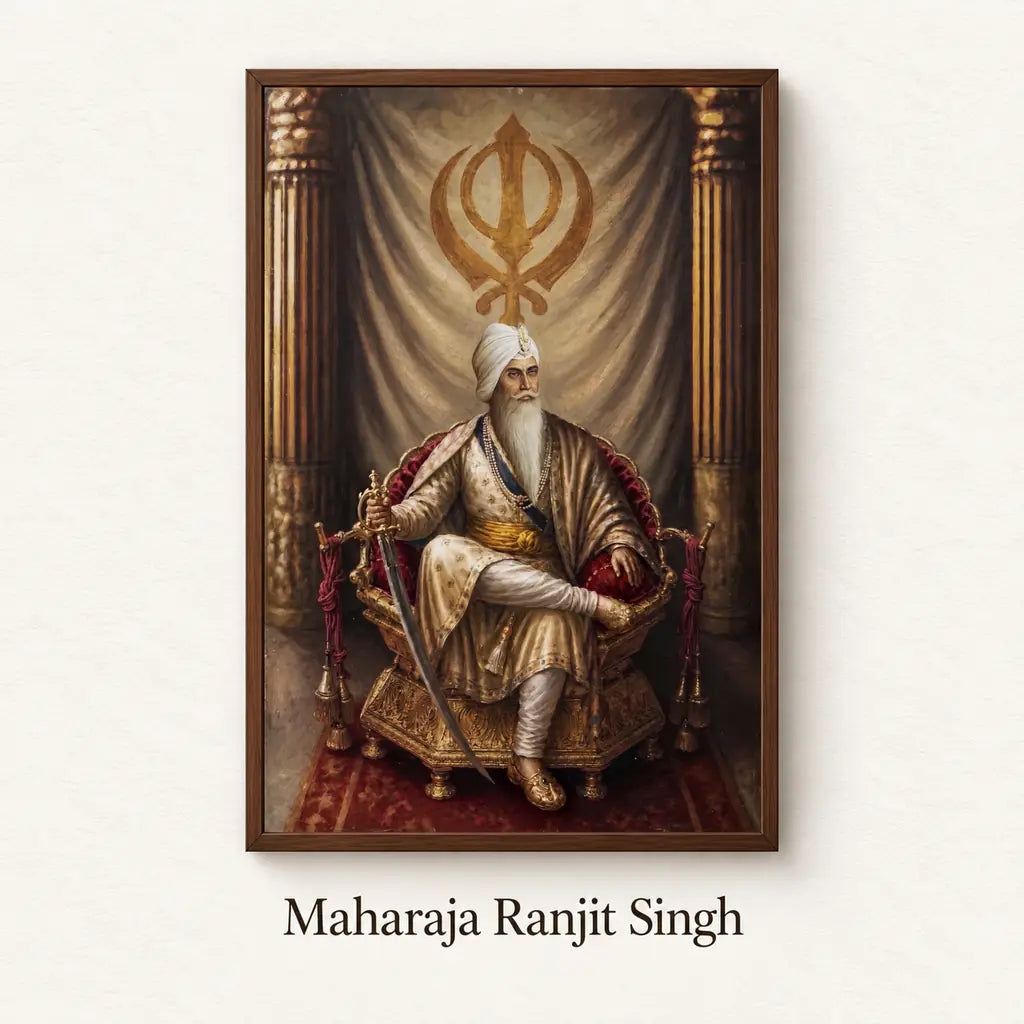 Maharaja Ranjit Singh framed portrait with product name on textured off-white background