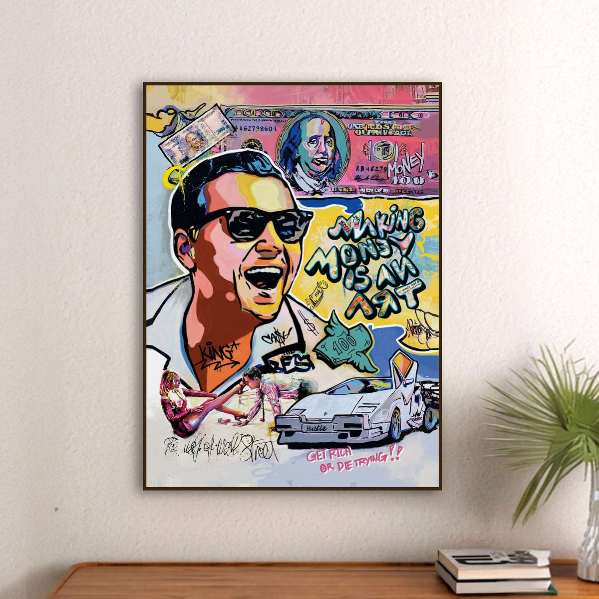 Making Money is an Art - Wolf of Wall St. on a wall above a sideboard