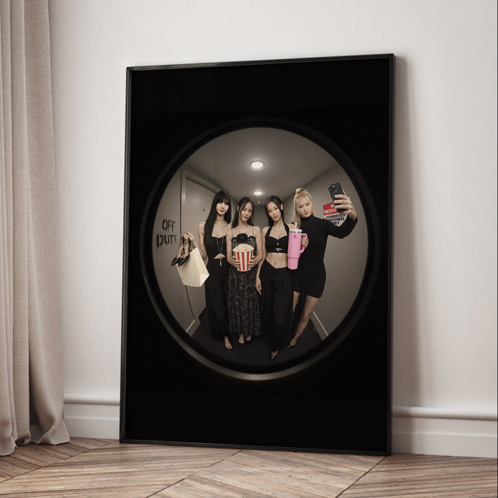 Framed doorknob with a view of BLACKPINK band posing indoors.