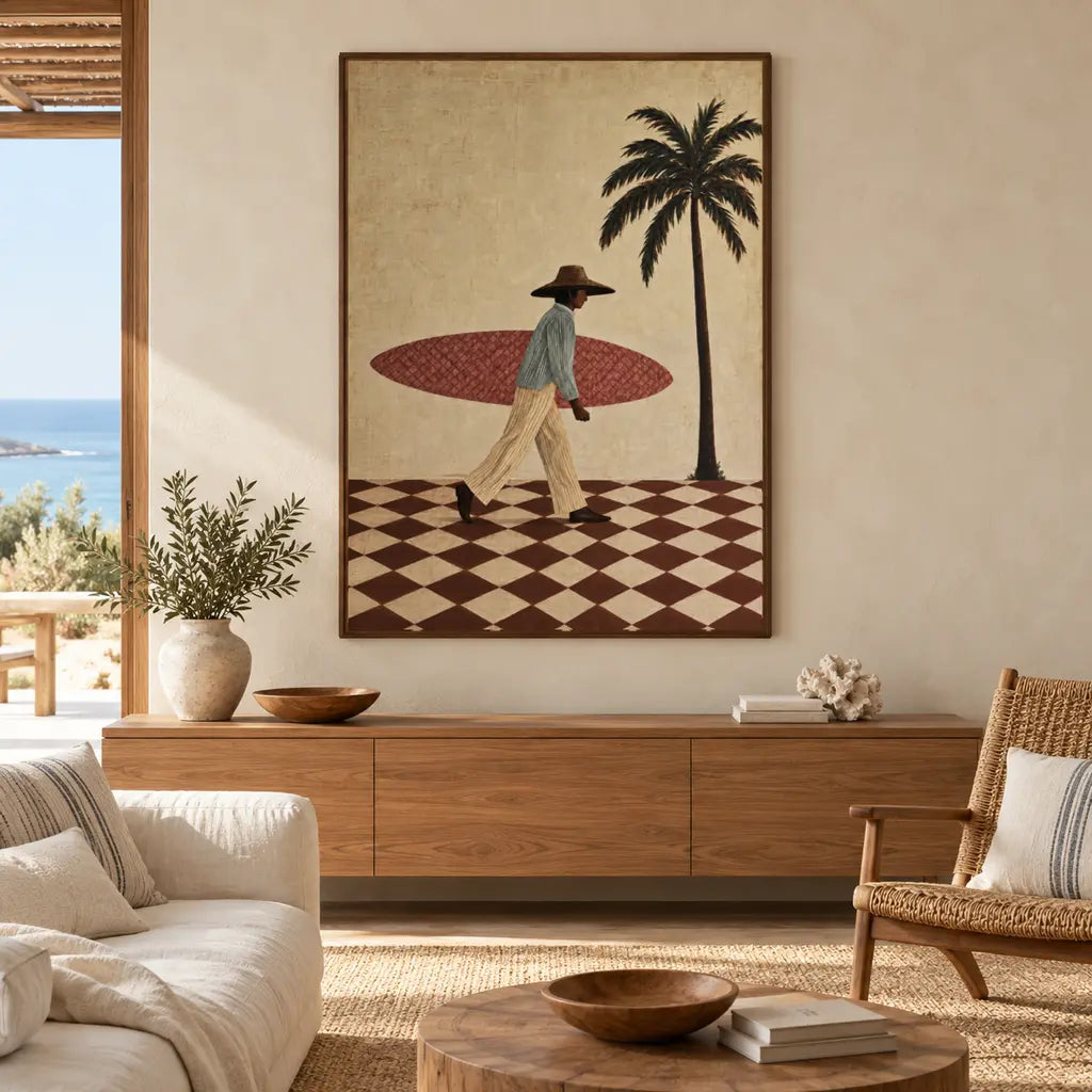 Off to Surf – framed canvas in an interior