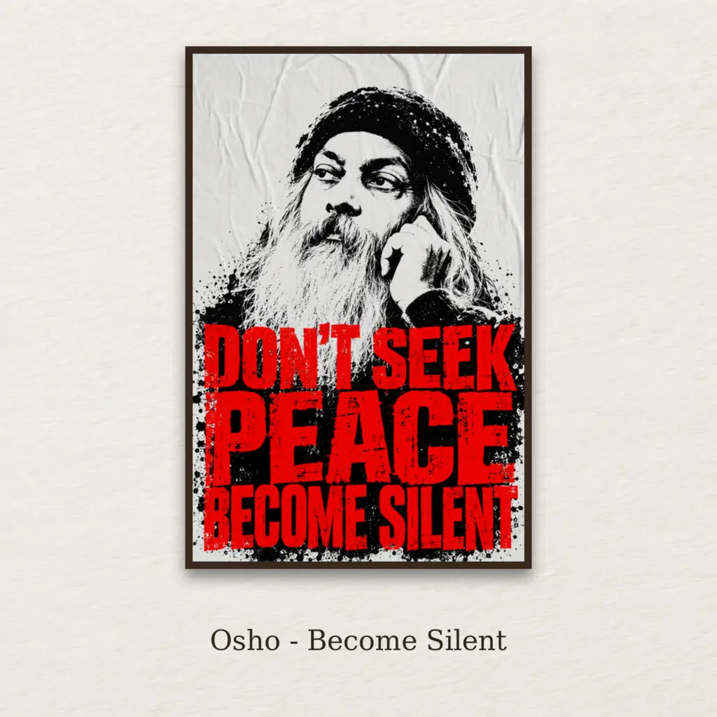 Osho - Become Silent framed canvas print on a textured neutral background