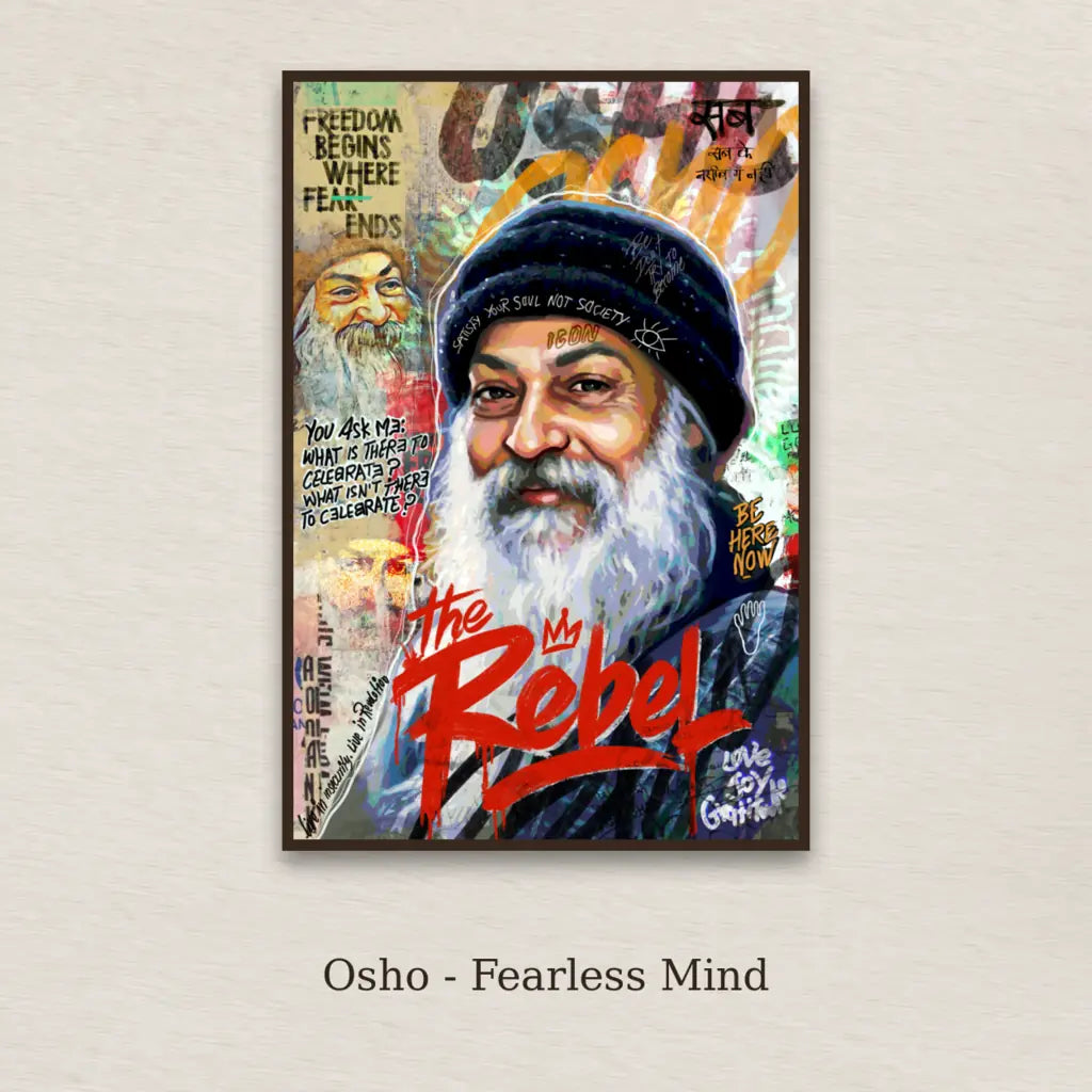 Osho - Fearless Mind framed canvas print on a textured neutral background