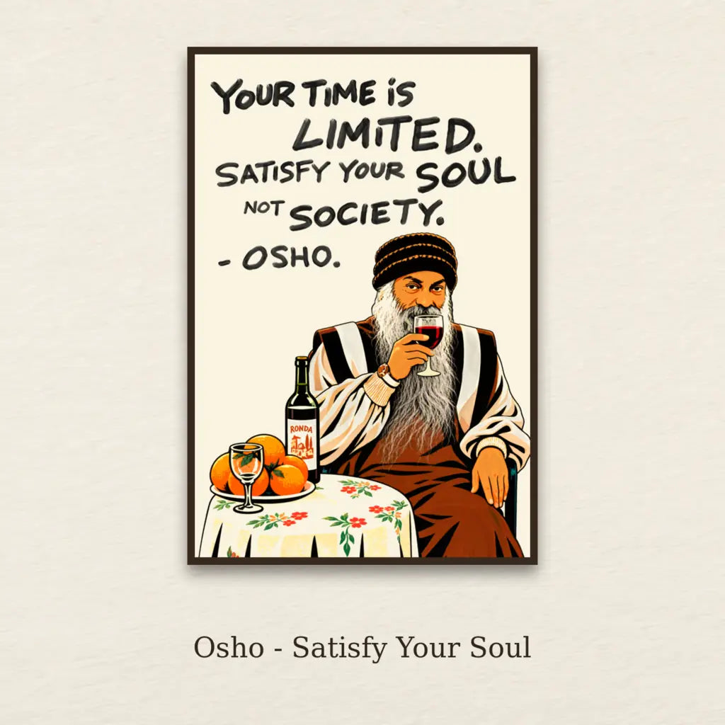Osho - Satisfy Your Soul framed canvas print on a textured neutral background