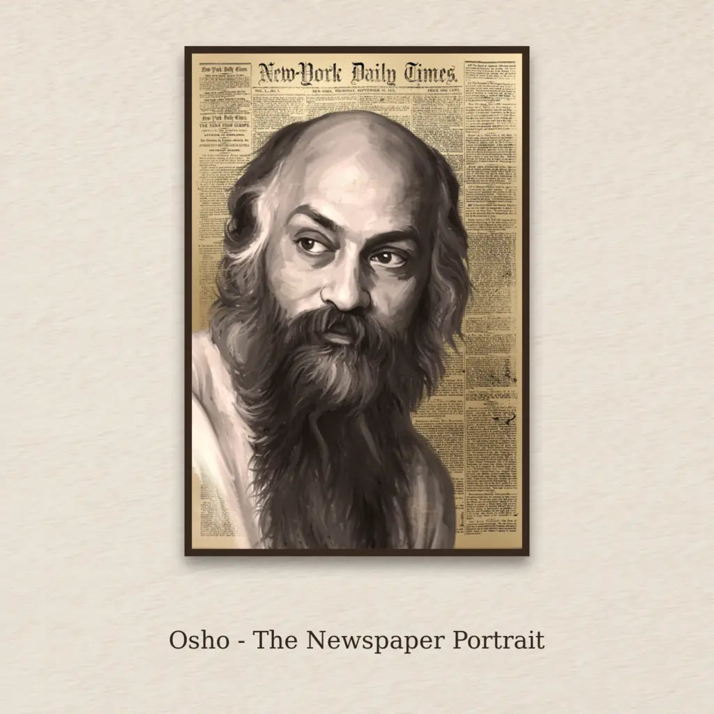 Osho - The Newspaper Portrait framed canvas print on a textured neutral background