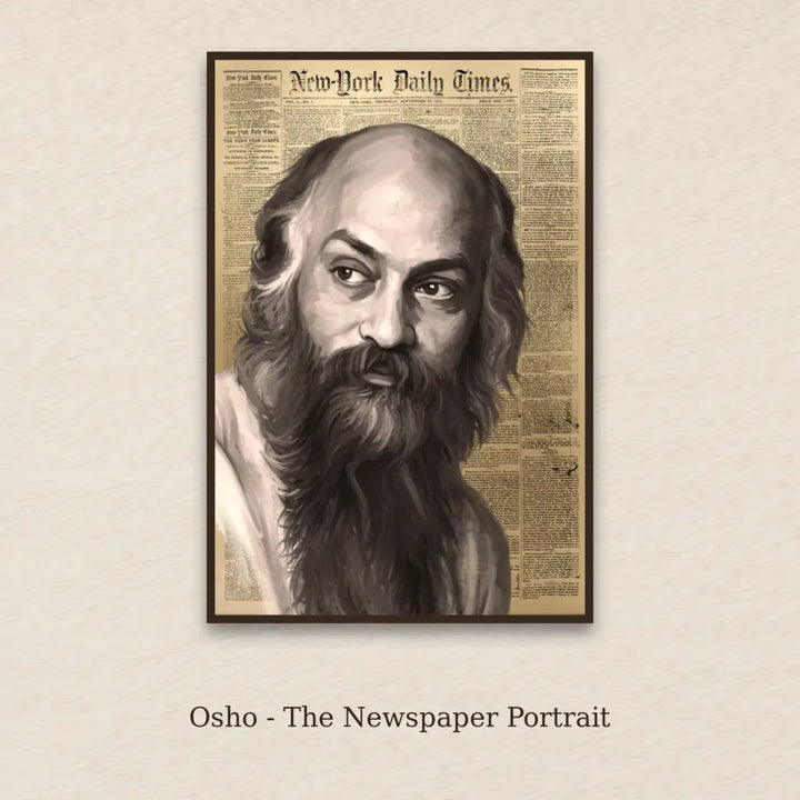 Osho - The Newspaper Portrait framed canvas print on a textured neutral background