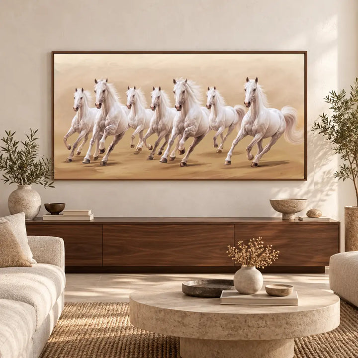 Seven Horses in Sand Vastu canvas wall art in an interior