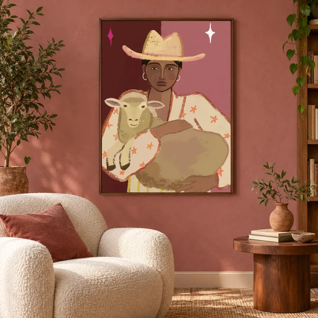 The Gentle Shepherd – framed canvas in an interior