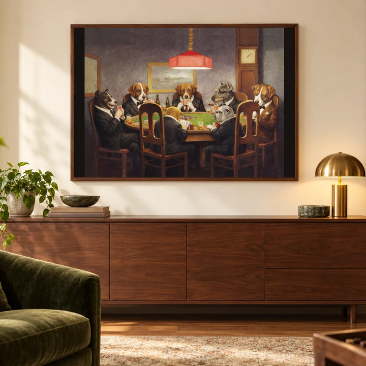 The Poker Club – Seven dogs in suits playing poker; canvas wall art in a home lounge