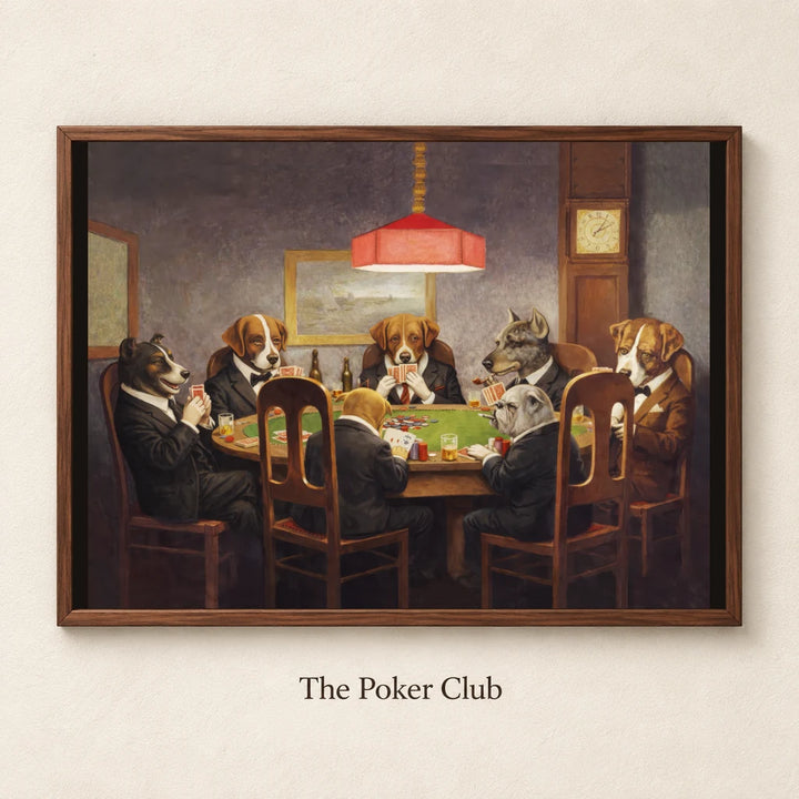 The Poker Club – Seven dogs in suits playing poker; named mockup on textured white background