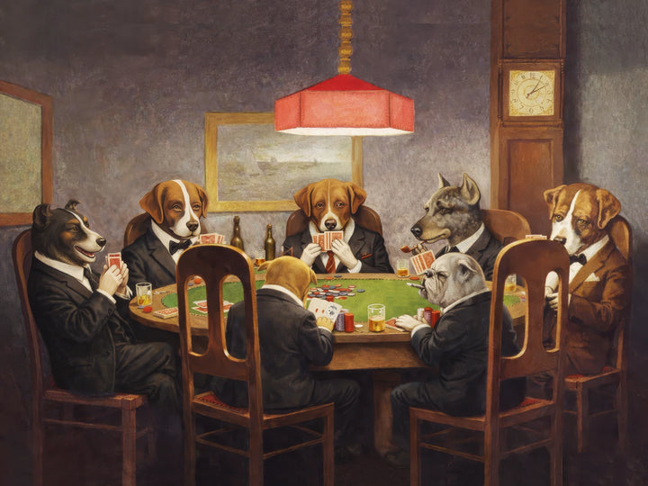The Poker Club – Seven dogs in suits playing poker; original artwork