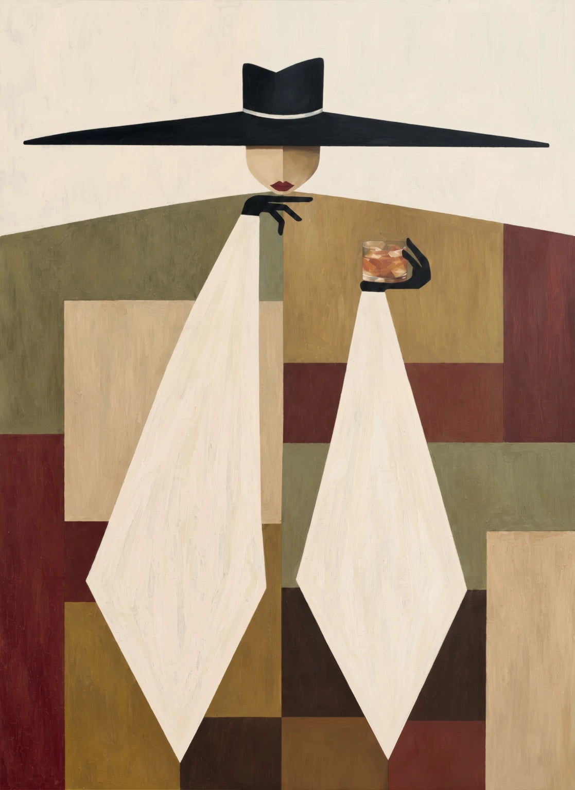 Under the Brim – original artwork of a woman in a wide black hat holding a drink
