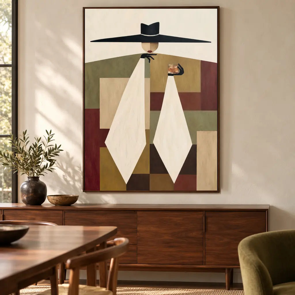 Under the Brim – framed canvas artwork in a warm midcentury dining room