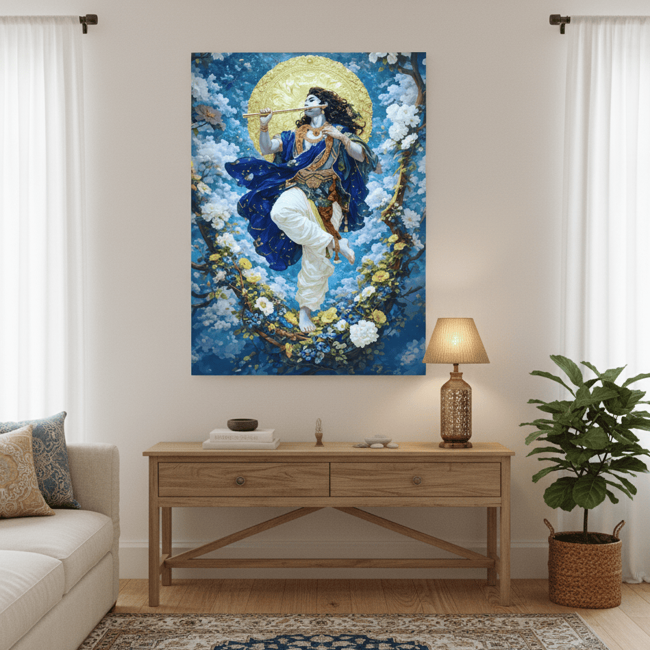 Decorative painting of Lord Krishna in a living room setting with a wooden console table and plant.