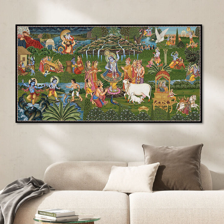 Colorful wall art depicting the variosu Krishna Ji&