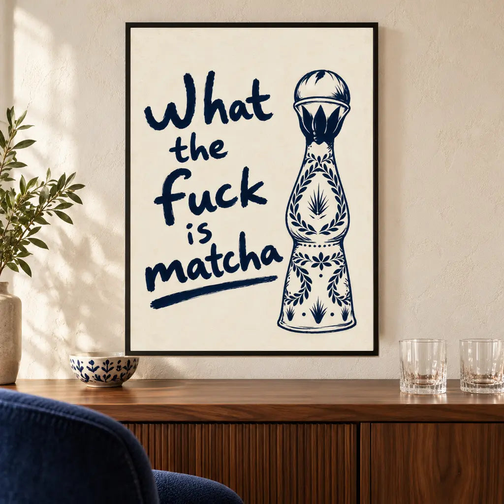 What the Fuck Is Matcha – framed artwork above a walnut home bar