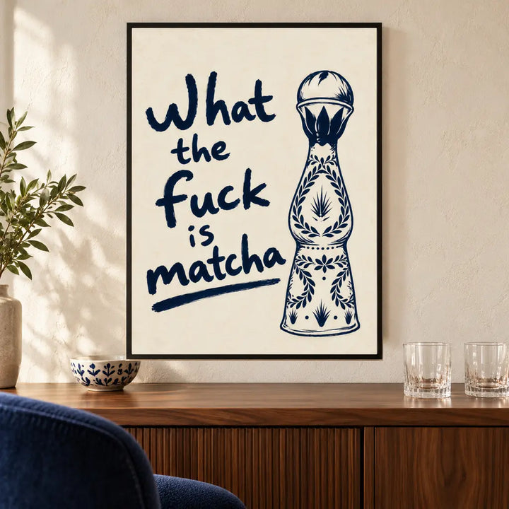 What the Fuck Is Matcha – framed artwork above a walnut home bar